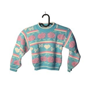VTG Club House Sweater Blue Pink Rose Heart Knit Crew Neck Girls 4T Made in USA
